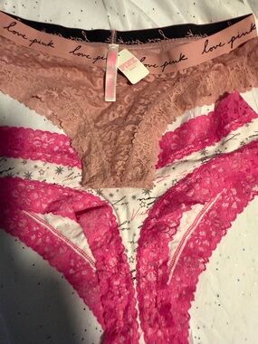 PINK Victoria's Secret Lace Thong Trio in Hot Pink & Nude